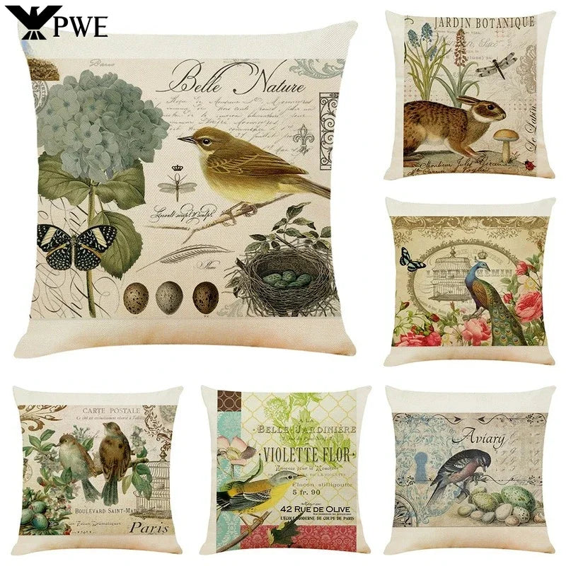 Axyaa Retro Flower Bird Linen Pillowcase Car Seat Cushion Cover Living Room Sofa