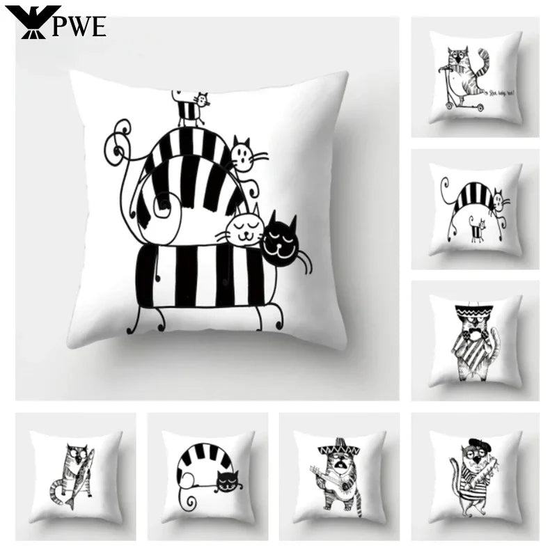 Axyaa Black & White Cat Pattern Cushion Cover for Living Room, Bedroom & Sofa