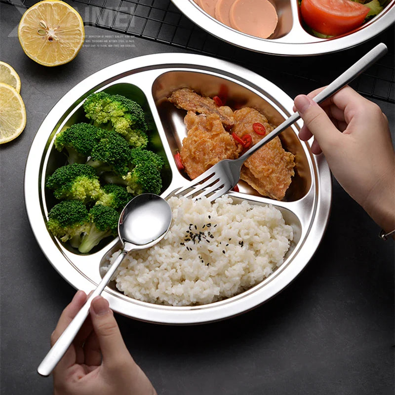 Axyaa Stainless Steel Divided Round Serving Tray Dinner Plates Canteen Lunch Dishes