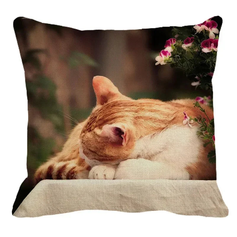 Axyaa Cat Print Linen Throw Pillowcase 45X45CM