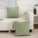 Axyaa Green Corduroy Cushion Cover with Fur Ball Pom | 45x45CM | Living Room Bedroom
