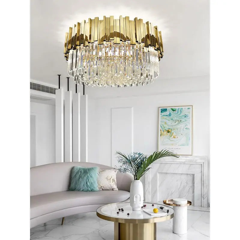 Modern Gold Round Crystal Ceiling Lamp for Living Room by Axyaa.