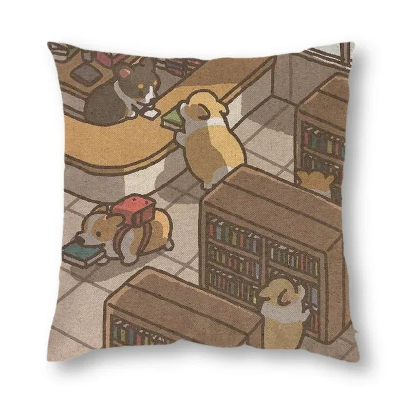 Axyaa Corgi Daily Life Linen Pillow Cover 45*45cm