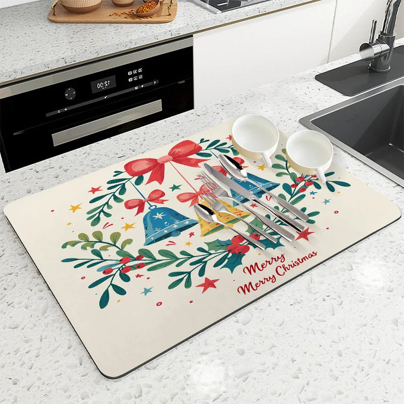 Christmas Bells Drying Mat: Absorbent Dish & Cup Placemat by Axyaa