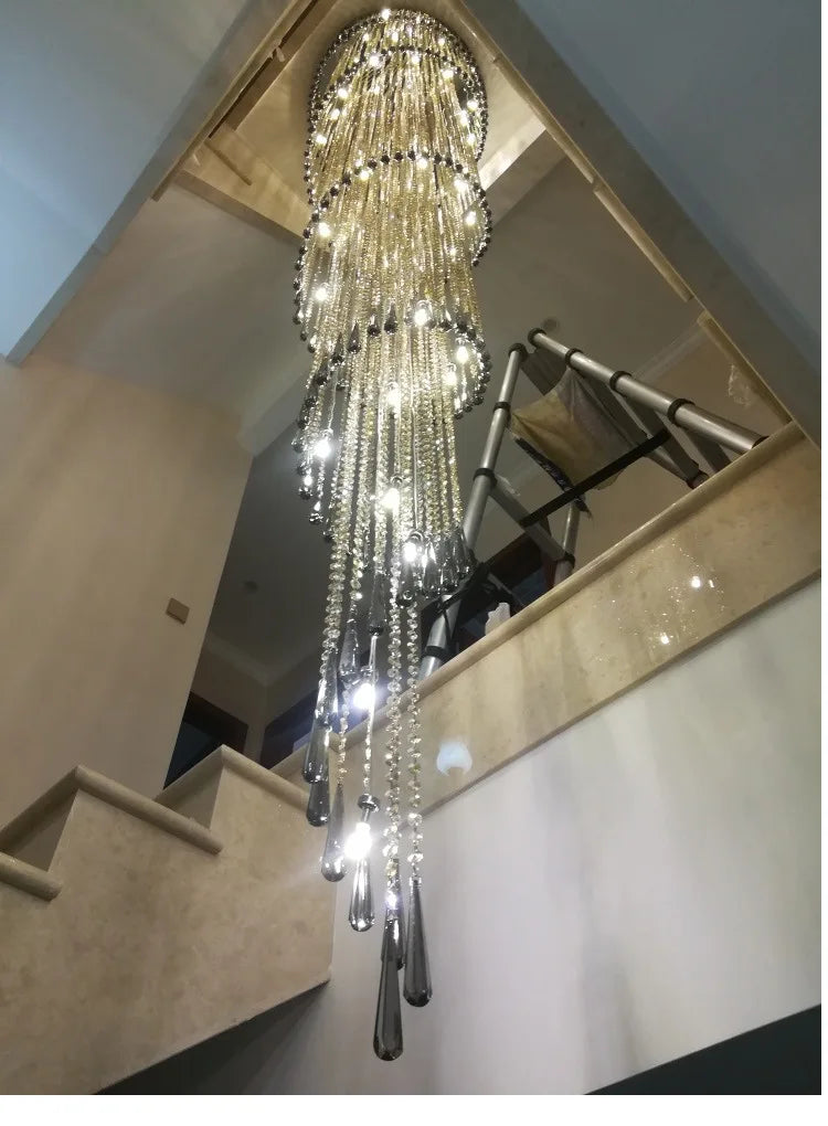 Luxury Smoky Gray Crystal Chandelier for Interior Stairway Lighting - Axyaa