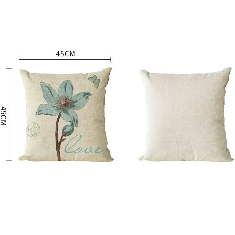 Axyaa Retro Flowers Butterfly Linen Pillow Cover for Living Room Sofa - 45x45cm