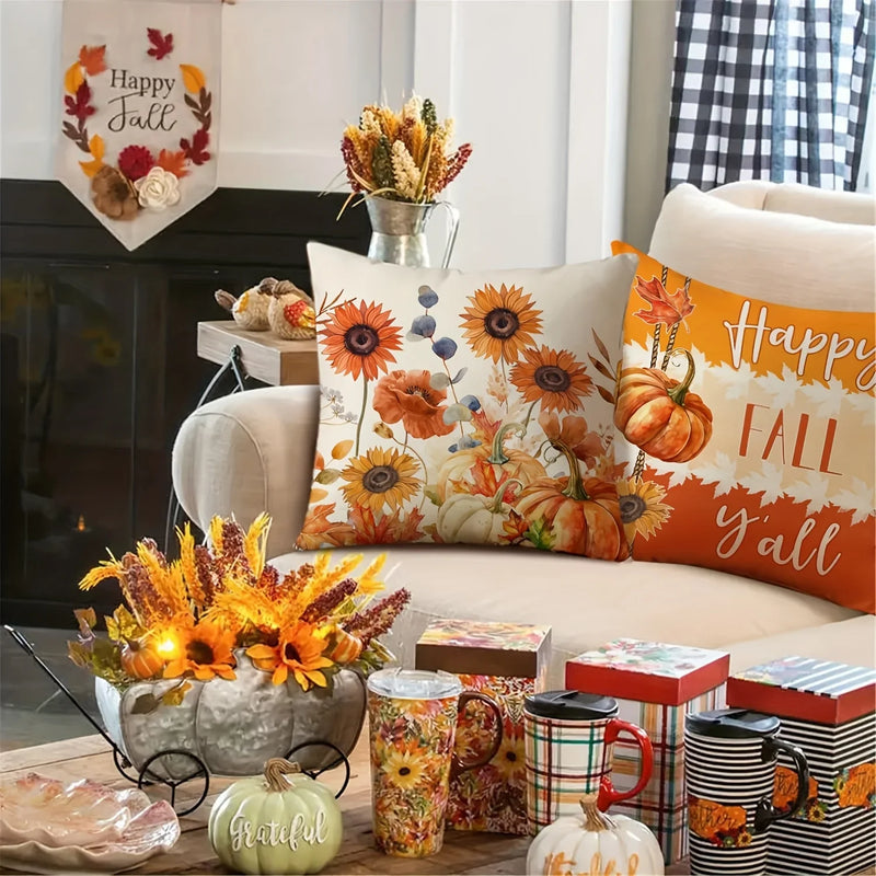 Autumn Velvet Pillow Covers, Maple Leaf & Floral Pumpkin Designs for Fall Decor - Axyaa