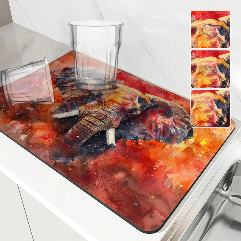 Axyaa Animal Painting Effect Kitchen Drying Mat, Non-Slip Tableware Pad