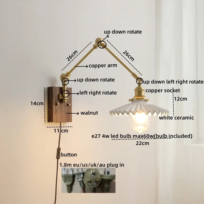 Axyaa Ceramic Copper Swing Arm LED Wall Light for Home Decor