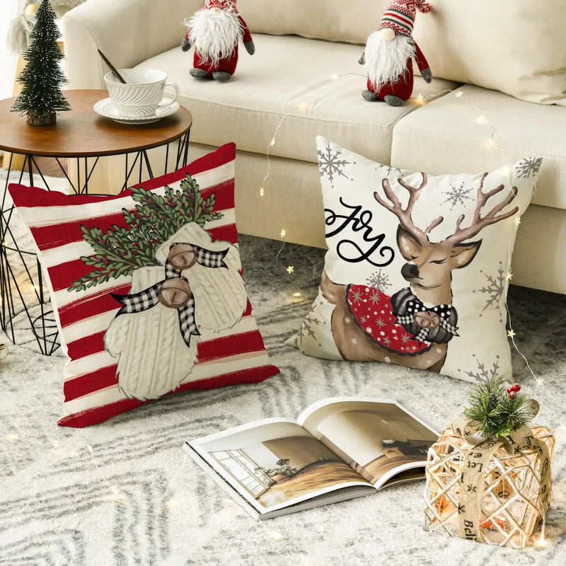 Winter Holiday Throw Pillow Covers by Axyaa: Snowman Reindeer Gloves Eucalyptus Red Stripes