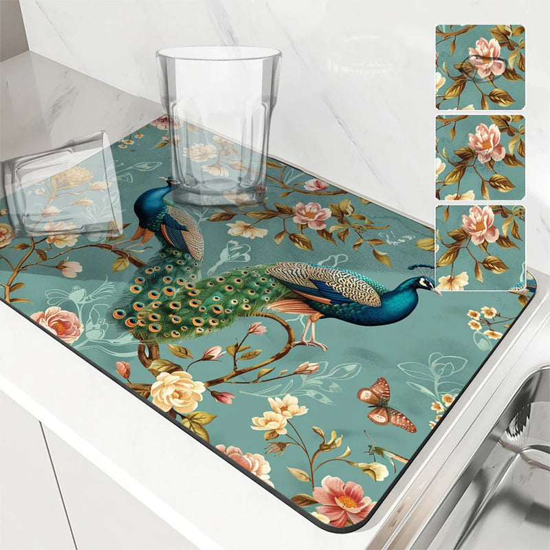Axyaa Peacock Flower Absorbent Mat: Kitchen & Bathroom Antiskid Drying Pad