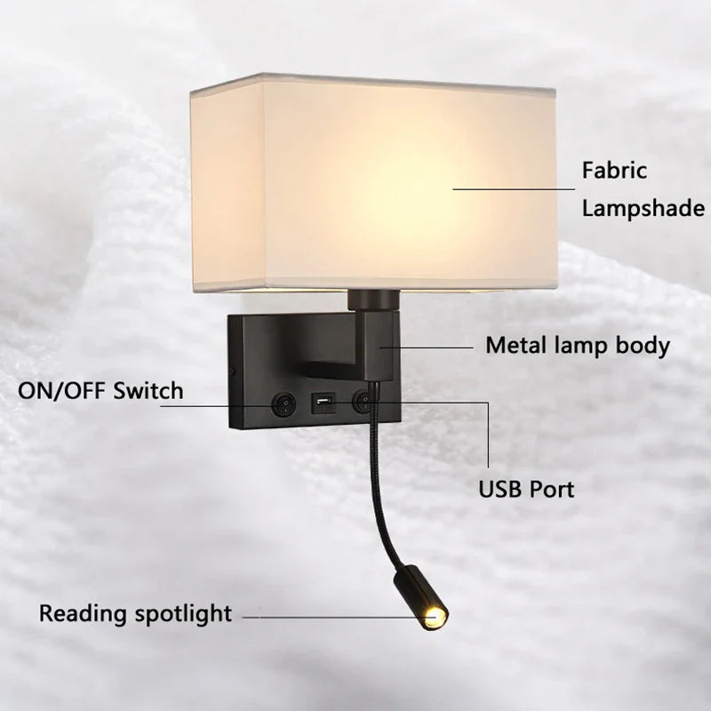 Axyaa Bedside Wall Lamp with USB Port and Cloth Lampshade