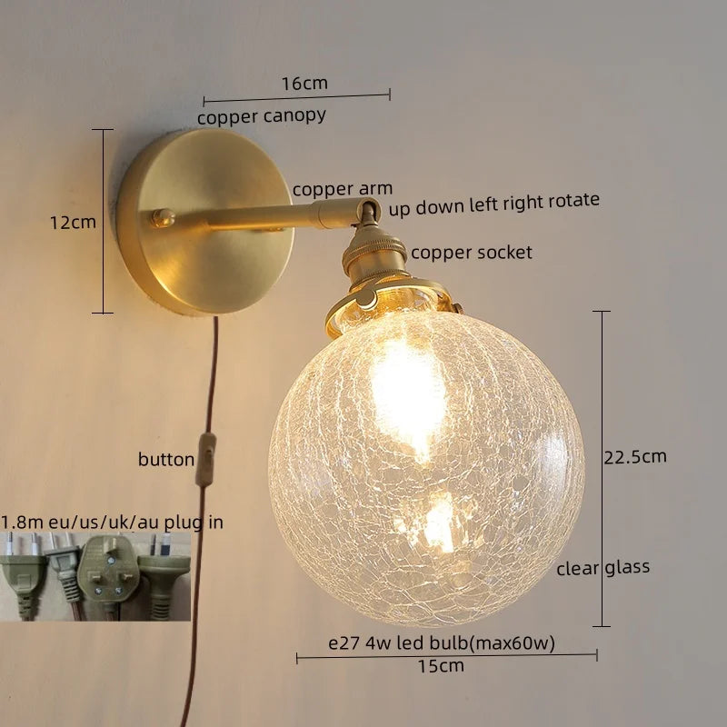 Axyaa Copper Glass Knob Switch LED Wall Light Fixture for Bedroom, Nordic Modern Arandela
