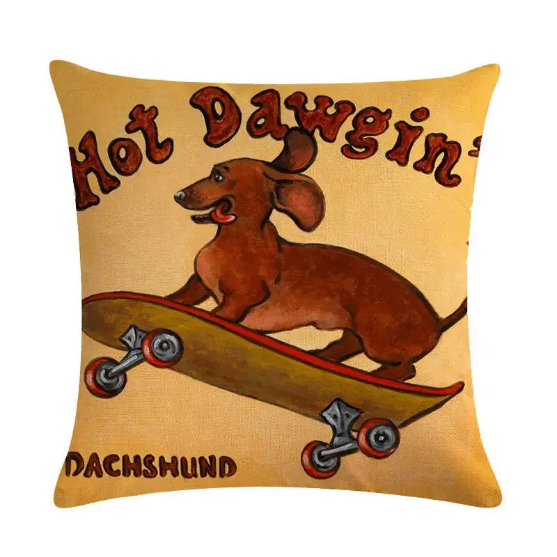 Axyaa Cartoon Dog Linen Cushion Cover for Office Furniture and Sofa Decor