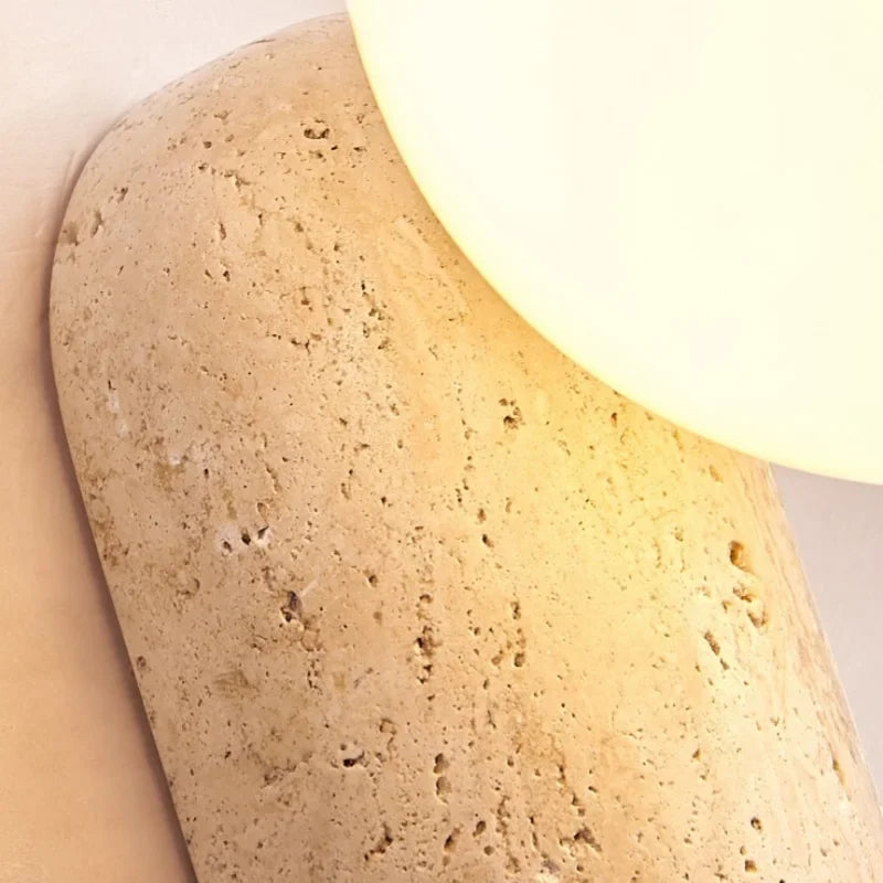 Axyaa White Glass Ball LED Wall Light Yellow Travertine Stone Luxury Decor