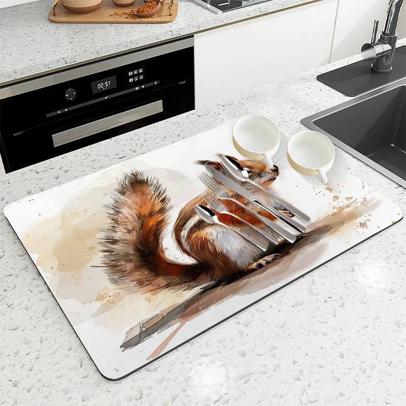 Axyaa Watercolor Squirrel Cartoon Absorbent Drying Mat, Antiskid & Quick Dry