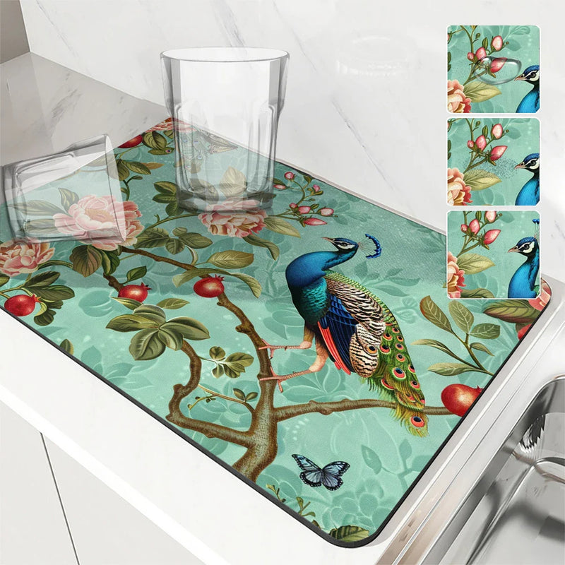 Axyaa Peacock Flower Absorbent Mat: Kitchen & Bathroom Antiskid Drying Pad