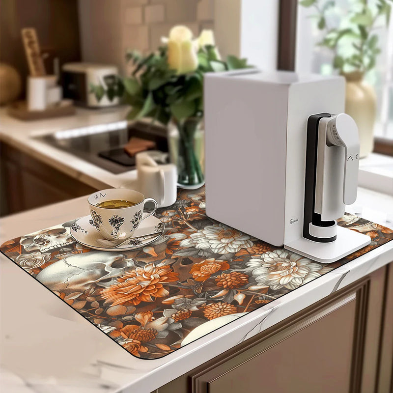 Axyaa Halloween Flower Skull Drying Mat: Non-Slip Absorbent Kitchen Placemat