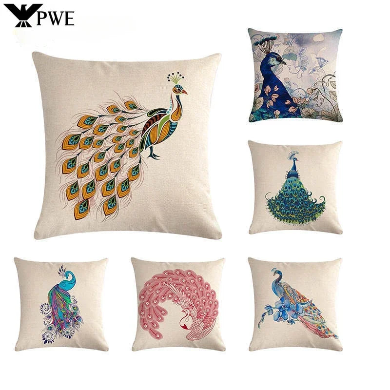 Peacock Linen Cushion Cover 45*45cm by Axyaa