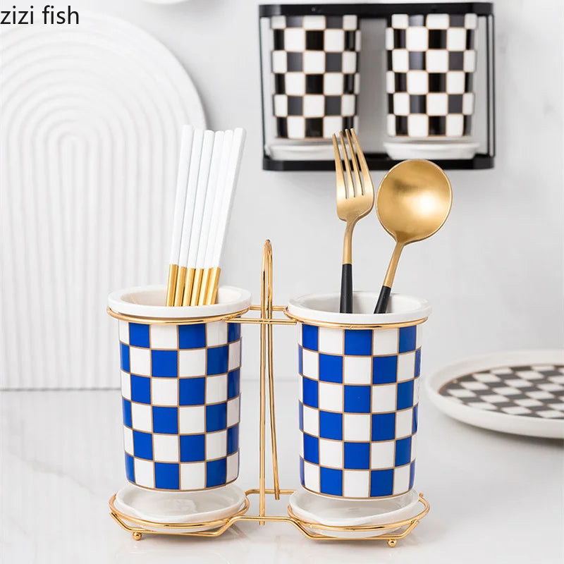 Axya Checkerboard Ceramic Chopsticks Holder Rack Wall-mounted Shelf
