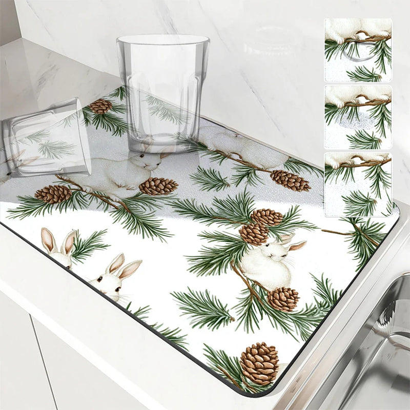 Axyaa Christmas Dish Drying Mat - Heat Resistant Non-slip Kitchen Counter Pad