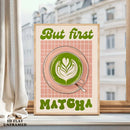 Axyaa Matcha Latte Art Canvas Poster on Pink Grid Background, Modern Living Room Wall Art