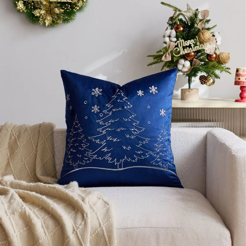 Axyaa Christmas Tree Pillow Cover - Silver Gold Snowflake Velvet - Home Decoration - 45x45cm