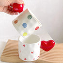 Axyaa Polka Dot Handle Ceramic Mug Set in White & Red, Irregular Design