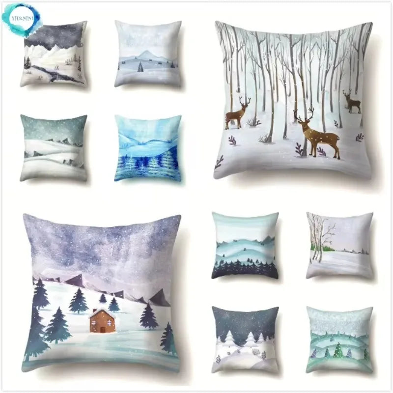 Axyaa Winter Snow Scene Print Pillow Cover for Home Decor 45X45CM