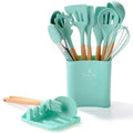 Axyaa Silicone Kitchen Utensils Set with Storage Bucket - Non-Stick, Wood Handle