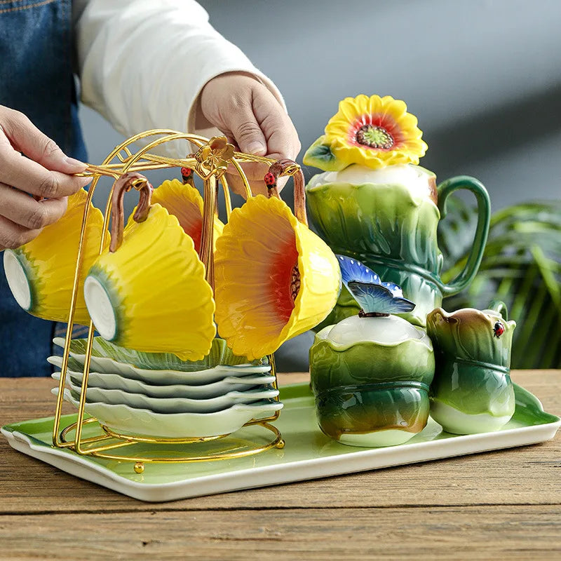Axya Sunflower Tea Set with Embossed Flowers for Afternoon Tea