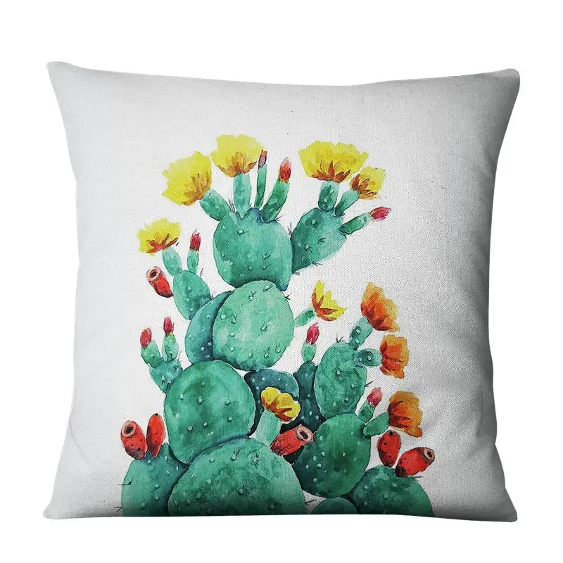 Luxurious Axyaa Succulent Cactus Flower Printed Linen Throw Pillow Case