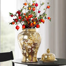 Axyaa Gold Ceramic Lattice Temple Jar with Lid - Home Decor Vase