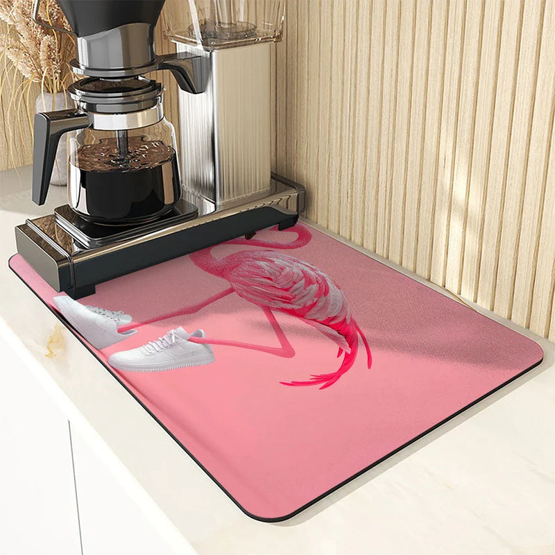 Axyaa Flamingo Absorbent Draining Mat: Quick Drying Kitchen & Bathroom Drain Pad