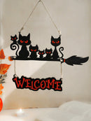 Axyaa Black Cat Welcome Sign & Hanging Ornaments - Witch Broom Decor, Spooky Cat Family