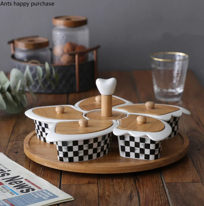 Axya Rotating 5-Grid Ceramic Snack Platter with Wooden Lid - Decorative Tableware