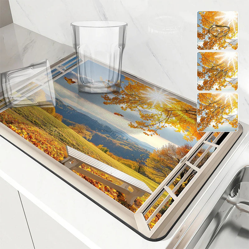Axyaa Autumn Scenery Coffee Mat | Absorbent Rubber Backed Drying Mat