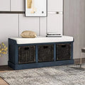 Rustic Shoe Bench with 3 Baskets, Cushion, and Cabinet by Axyaa