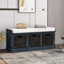 Rustic Shoe Bench with 3 Baskets, Cushion, and Cabinet by Axyaa