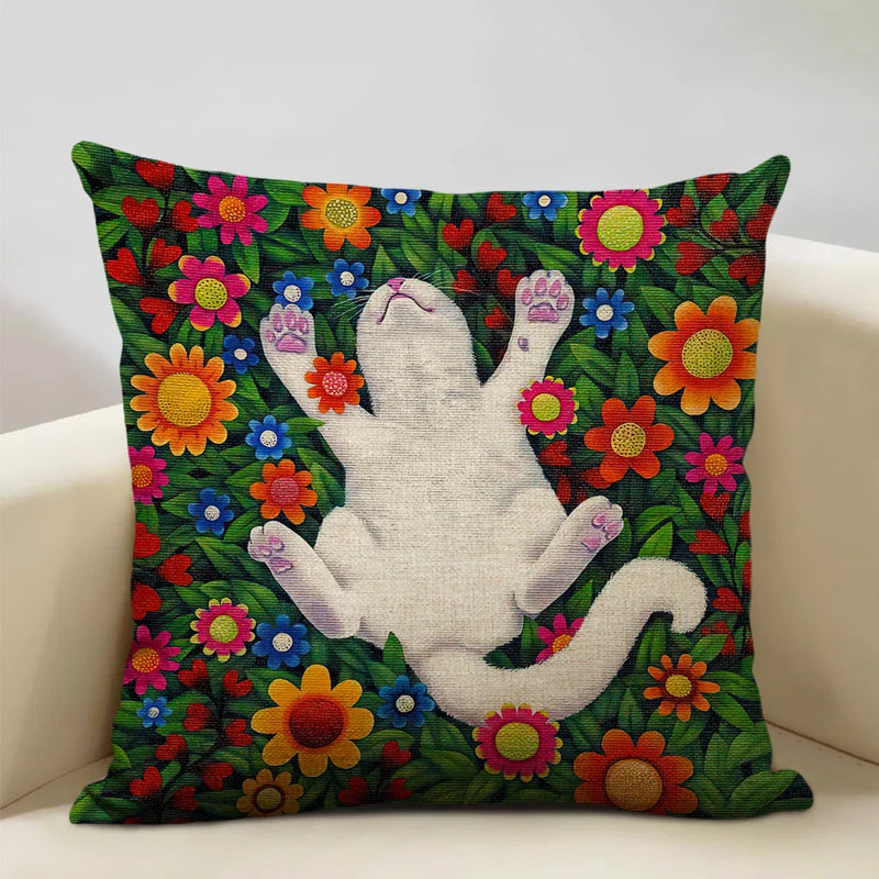 Axyaa Cat and Dog Pattern Cushion Cover 45x45cm Linen Square Pillowcase