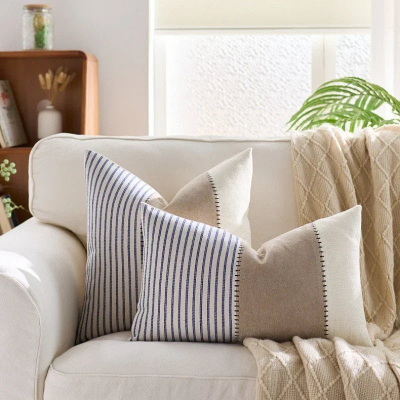 Cream Tan Two Tone Striped Pillow Cover for Home Sofa Couch Living Room by Axyaa