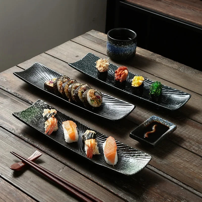 Axya Ceramic Sashimi Plate: Special Long Vintage Sushi Dish
