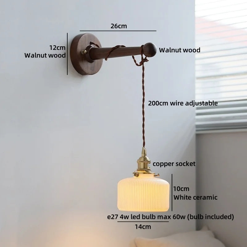 Axyaa Round Ceramic E27 Wall Lamp with Pull Chain Switch and Warm LED Light
