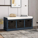 Rustic Shoe Bench with 3 Baskets, Cushion, and Cabinet by Axyaa