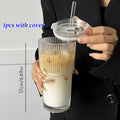 Axyaa Striped Glass Coffee Cup with Lid and Straw - Transparent Drinkware for Juice