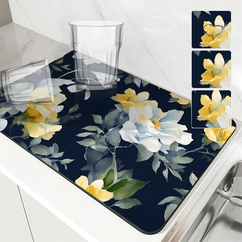 Axyaa Rose Flower Absorbent Kitchen Mat - Antiskid Draining Coffee Drying Pad