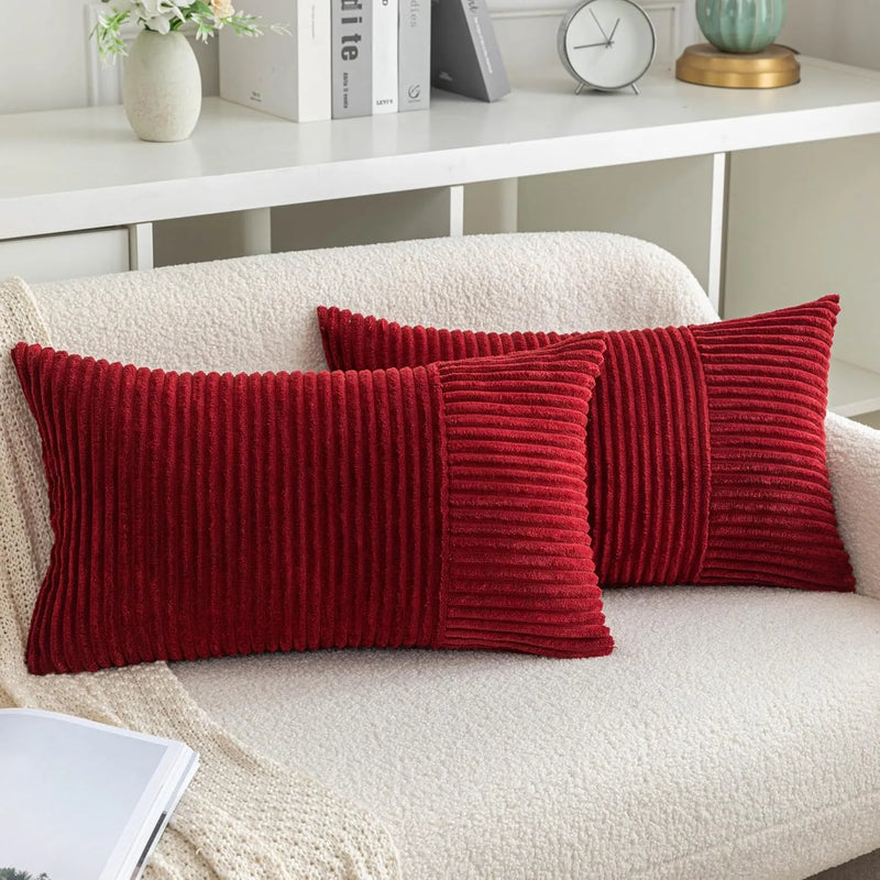 Red Striped Pattern Modern Corduroy Throw Pillow Cover by Axyaa