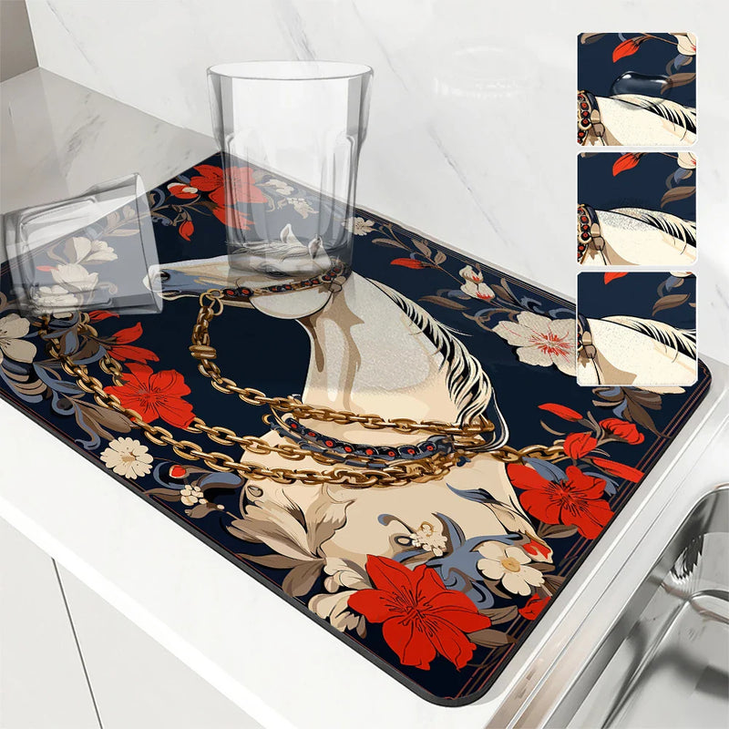 Axyaa Flower Print Drying Mat: Absorbent, Anti-Slip Placemat for Table Cups