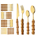 Axyaa Bamboo Handle Dinnerware Cutlery Set - Stainless Steel Tableware Steak Knives Fork Spoon Set