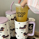 Kawaii Puppy Thermos Tumbler by Axyaa - Large Stainless Steel Thermal Cup with Handle